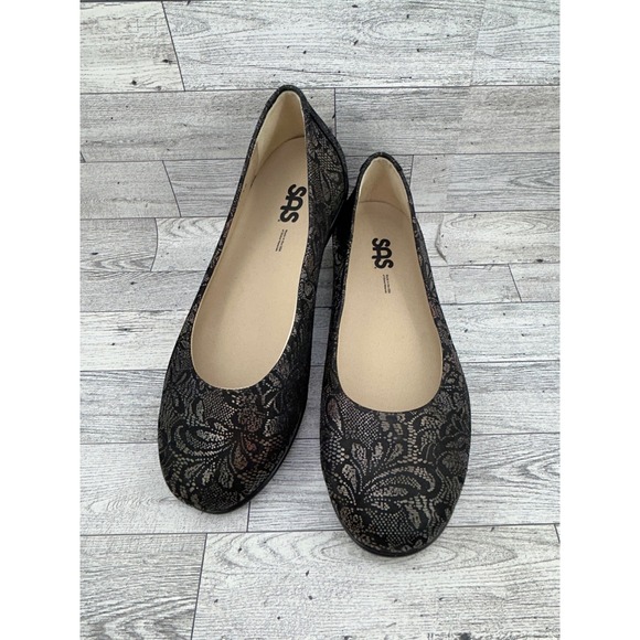SAS Shoes - SAS Scenic Women Sz 9 W Black Bronze Lace Leather Ballet Flats Made in USA